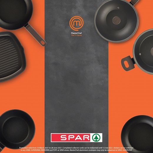MasterChef cookware pans have ergonomic handles with a soft touch to ensure a comfortable, secure grip helping you steer clear of those messy spills 😉​ Head to your favourite SPAR and COLLECT the MasterChef stickers for every R100 you spend, and you could save up to 75% on this SPECTACULAR cookware!​ Not available in Western Cape, Eastern Cape, KwaZulu-Natal, Upington or Keimoes area. | SPAR Inland