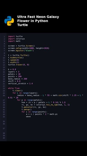 Ultra Fast Neon Galaxy Flower in Python Turtle #Python
