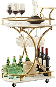 2-Tier Bar Cart with Wheels & Handle, Mobile Serving Carts Curved Storage Rolling Drink Beverage Trolley with Wine Rack and Glass Holder for Home Bar Kitchen Dining Room Living Room Gold