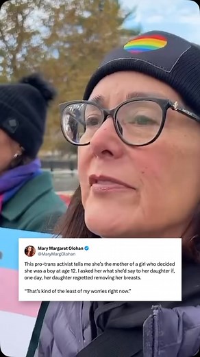 Mary Margaret Olohan on Instagram: "Outside the Supreme Court, this pro-trans mother tells me she has been transitioning her child from a girl to a boy. She’s not too worried about whether her child will one day regret irreversibly removing her breasts!"
