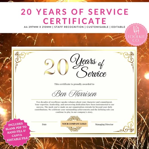 20 Years Service Certificate, Editable Employee Recognition Award, Work Anniversary Gift, Corporate Gift Template - Etsy