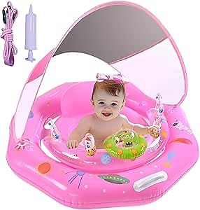 Baby Pool Float with Canopy UPF50+ Sun Protection, Inflatable Infant Pool Float with Adjustable Safety Seat & Toy Play Console，Baby Floatie for 6-36 Months Boys & Girls，Safety Handles & Leashes（Pink）