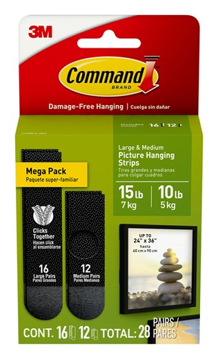 Command Medium and Large Picture Hangers, Holds 10 & 15 lbs, Black, 12 Medium, 16 Pairs Large Adhesive Strips