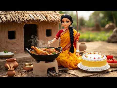 Miniature Doll Cooks Giant Cake & Chicken Curry ASMR | 50K Celebration Feast | Village Barbie Story