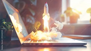 Rocket blasting off from a laptop screen on an organized office table, representing the powerful boost and progress of a business startup's new idea