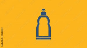 Blue Plastic bottle for liquid laundry detergent, bleach, dishwashing liquid or another cleaning agent icon isolated on orange background. 4K Video motion graphic animation
