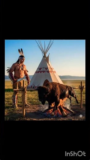 A Native American man roasting a whole bull --- رجل من الهنود الحمر يشوي ثورا