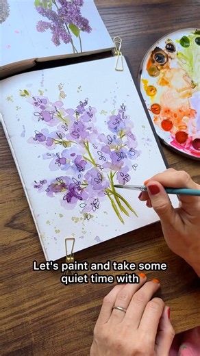 Painting watercolor flowers with line details for self-care