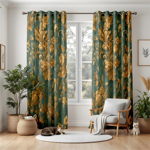 Emerald Green & Gold Damask Blackout Curtains, Classic Baroque Floral Drapes for Living Room, Custom Sized Window Panels - Etsy UK