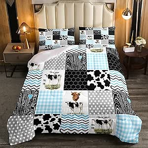 Cute Cow Print Comforter Set Twin Size Kawaii Highland Cow Bedding Set Bedroom Decor Honeycomb Plaid Pattern Geometric Stripes Down Comforter Cartoon Farm Animals Duvet Set, Blue Black Grey