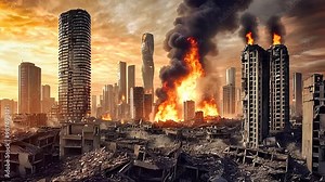 Burning city skyscrapers with thick smoke, showcasing urban destruction, fire, and catastrophic devastation in a post-apocalyptic landscape.