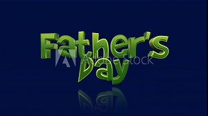 A circular green logo with reflective letters spelling Fathers Day, featuring floating letters on a blue background