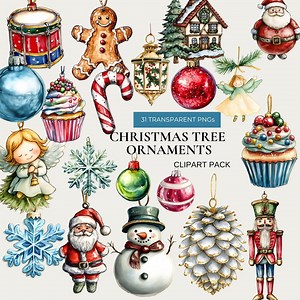 Christmas Xmas Tree Ornaments Traditional Elements Decorations Cute Watercolor Digital Art Download PNG, Personal Commercial Use - Etsy