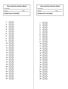 True and False Bubble Answer Sheet