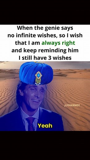 This goofy ahh meme takes clever humor to another level, flipping the classic genie rule into pure logical chaos. The genie says no infinite wishes. I simply wish to always be right and keep reminding him that I still have three wishes. Featuring the American Psycho “Oh right, yeah, of course” reaction, it perfectly captures that smug, confident loophole energy. If you enjoy smart humor, ironic wish memes, or overthinking genie logic, this one’s for you. Follow if you found this funny! #memes #f