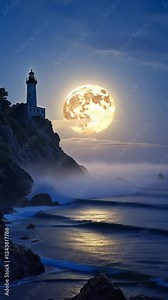 A beautiful seaside scene with the full moon reflecting on the water, a lighthouse in the distance casting a faint light, and clouds moving gently overhead, perfect for capturing a calm, romantic nigh