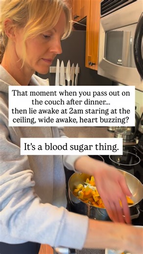 Jenna Miller Wellness • Yoga + Nutrition • Encinitas, CA on Instagram: "You know that moment. You’re exhausted after dinner, barely make it through a show… then suddenly it’s 2am and you’re wide awake, heart racing, mind alert. That’s not random. And it’s not just stress. What’s often happening is this: Dinner spikes your blood sugar. You collapse instead of moving. A few hours later, blood sugar drops too low — and your body releases cortisol and adrenaline to bring it back up. Those stress hor