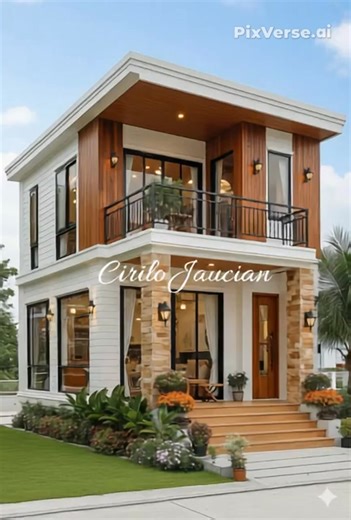 This image shows a beautifully finished, two-story **tropical modern house** that blends luxury with natural Filipino elements. Here’s a detailed breakdown of the design: ### **Architecture and Exterior** * **Color Palette:** The house features a crisp **white** main exterior, which provides a clean and expansive look. This is contrasted with rich, **natural dark wood** panels on the second floor and the ceiling of the porch/balcony, all finished with a high-quality **natural varnish**. * **Ston