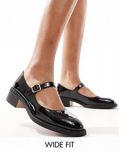 London Rebel Becca Wide Fit chunky patent mary jane shoes in black  | ASOS