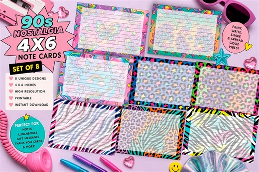 90s Nostalgia 4x6 Note Cards Printable | Colorful Retro Animal Print & Y2K Designs | Cards Set - Etsy