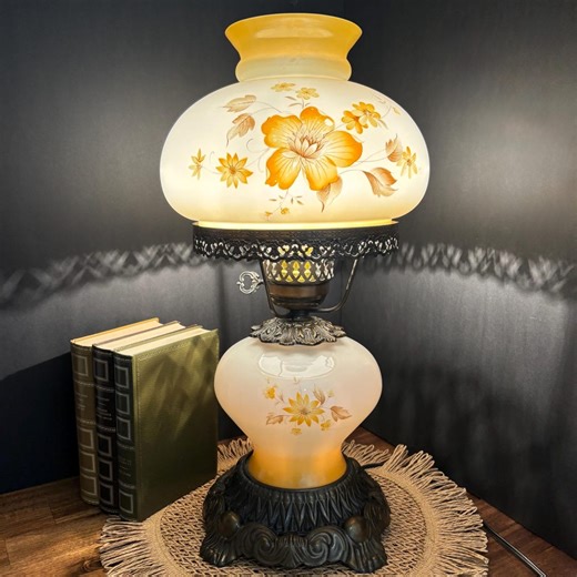 Vintage 1970s Hurricane-style Glass Table Lamp With Yellow Floral Pattern, Retro Living Room Lamp, 3-way Switch - Etsy