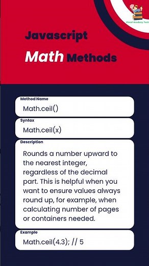 Math.ceil() | JS Math Methods Playlist | Vional Academy Tech | #short #javascript #mathmethods