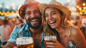 Happy young couple enjoy with beer festival. 4k video footage