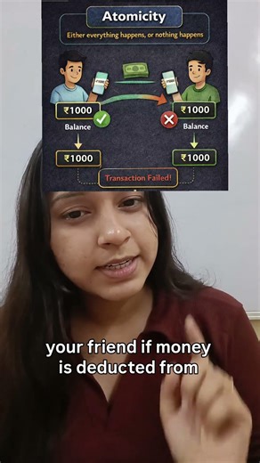 Atomicity explained with eg If ₹1000 is not credited, it is not debited either That’s Atomicity