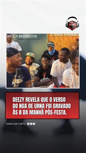 Durante a sua passagem em Moz, o rapper Deezy marcou presença na live do streamer Mano Denzel e revelou detalhes sobre a ética de trabalho da Força Suprema. Entre risos, deixou escapar que o verso do NGA na diss track “Urna” foi gravado às 08:00 da manhã, logo depois de sair de um ambiente nocturno. Deixa tua opinião 👇🏾 #Nga #Urna #Deezy #ProjectoX | Cenas Que Curto