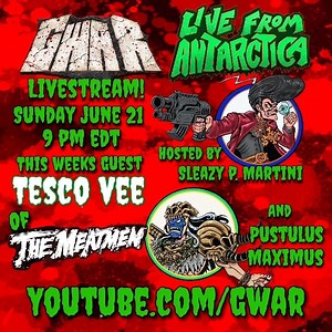 Another Sunday, another live YouTube show from your Lords and Masters. Tune in to watch Sleazy P Martini and Pustulus Maximus talk about everything and nothing, with special guest Tesco Vee from The Meatmen. Sunday June 21st at 9pm on our YouTube channel. 📺 👹 #GWAR #LiveFromAntarctica | GWAR