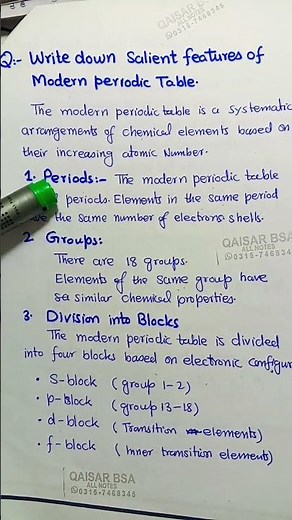 Chemistry class 9th chapter number 8 salient features of modern periodic table