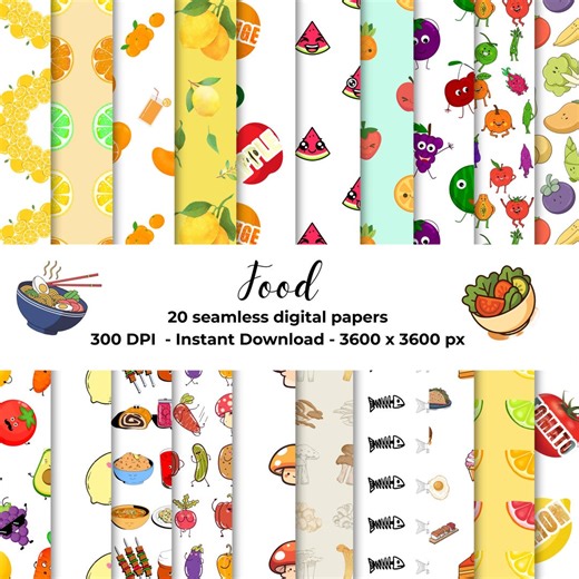 20 Food Seamless Digital Paper Pack Printable Aesthetic Backgrounds for Scrapbooking Crafts and Printing Cute Kawaii Food Culinary Pattern - Etsy