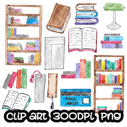 Library Clip Art, Watercolor Clipart (PNG, Instant Download) - Etsy