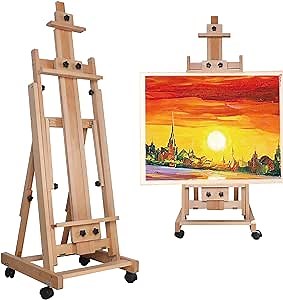 Portable Collapsible H-Frame Easel 56" to 91" H, Solid Beech Wood Large Artist Painting Easel, Tilts Flat Movable Floor Stand with 4 Wheels, Wooden Art Easel for Painting Canvas