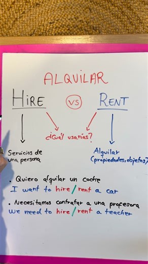👇 LEE LA EXPLICACIÓN AQUÍ 👇 Aunque en español solemos traducir ambas palabras como “alquilar” o “contratar”, en inglés hay una regla de oro para no equivocarse: 1️⃣ RENT 🚗🏠 Se usa cuando pagamos por usar objetos o propiedades por un tiempo determinado. Ejemplo: “I want to rent a car” (Quiero alquilar un coche). 2️⃣ HIRE 👩‍🏫👷‍♂️ Se usa cuando contratamos los servicios de una persona o sus habilidades. Ejemplo: “We need to hire a teacher” (Necesitamos contratar a una profesora). 💡 Resumen 