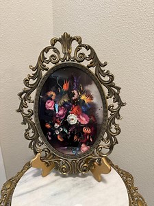 Italian Brass Convex Glass Frame, Ornate Floral Print, Rococo Decor - Etsy
