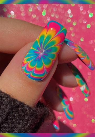 Neon Watermarble Flower Nail Art Tutorial