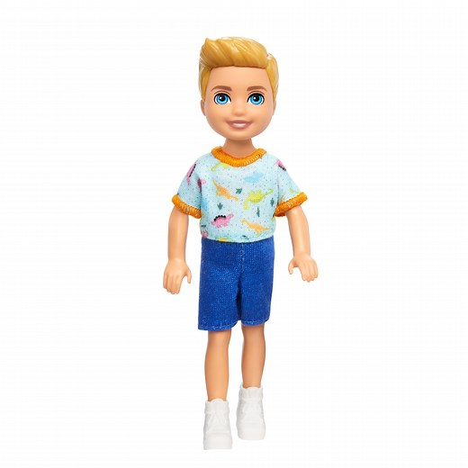Barbie Chelsea Doll, Small Boy Doll Wearing Removable One-Piece with Dino Print, Blond Hair & Blue Eyes