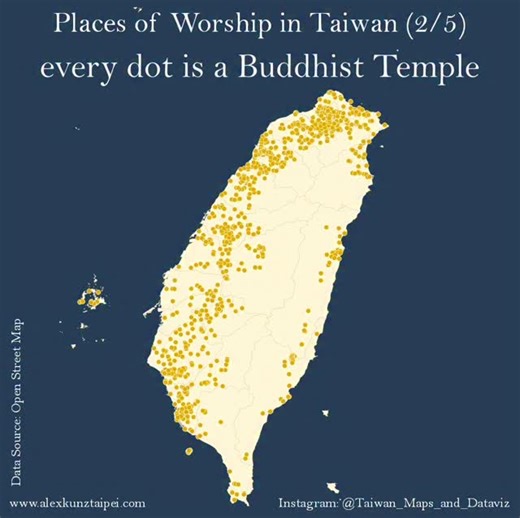 Taiwan Maps and Data Visualization on Instagram: "Buddhism is one of the main religions in Taiwan. Around 35% of the population identifying as Buddhist. Taiwan is home to more than 2,300 Buddhist temples, but unlike the vibrant, colorful Taoist temples, Buddhist temples often stand out for their simplicity. Their architecture tends to be minimalistic, featuring muted colors giving them a tranquil, understated presence. Because of this, many Buddhist temples blend into their surroundings and can 