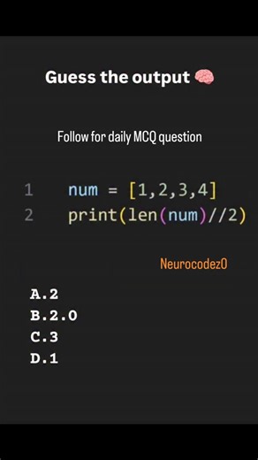 Shobhit Kumar on Instagram: "⚡Daily Python Challenge⚡ Comment your answer now ⬇️ — fastest coder gets pinned 🏆 Ready to level up your coding game? 🚀 “Brands: DM ‘Promo’ for collaboration” Follow @neurocodez0 #neurocodez0 #PythonCoding #PythonProgramming #LearnPython #DailyPython #CodeChallenge #PythonMCQ #PythonDeveloper #PythonForBeginners #CodeDaily #100DaysOfCode #programminglife #CodingQuiz"