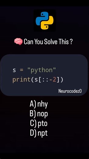 Shobhit Kumar on Instagram: "⚡Daily Python Challenge⚡ Comment your answer now ⬇️ — fastest coder gets pinned 🏆 Ready to level up your coding game? 🚀 “Brands: DM ‘Promo’ for collaboration” Follow @neurocodez0 #neurocodez0 #PythonCoding #PythonProgramming #LearnPython #DailyPython #CodeChallenge #PythonMCQ #PythonDeveloper #PythonForBeginners #CodeDaily #100DaysOfCode #programminglife #CodingQuiz"