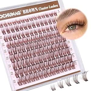 TOOCHUNAG Brown Lash Clusters Natural Eyelash Clusters Wispy Brown Cluster Eyelash Extensions CC Curl Individual Lashes Cluster DIY Lash Extension at Home Thin Band Cluster Lashes (126pcs,8-16mm)