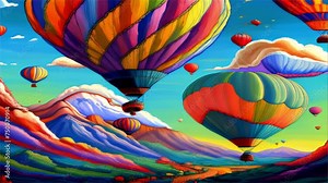 Hot Air Balloon Floating Vibrant Colorful Sky Mountains Clouds Psychedelic Dreamy
