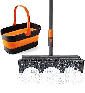 CLEANHOME Sponge Mop and Bucket for Kitchen Bathroom Tile Floor Cleaning Mop and Collapsible Bucket with 2 Sponge Heads Extendable Telescopic Long Handle for Easy Home Commercial Use