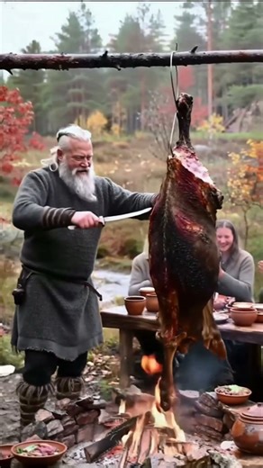 Epic Viking Feast Roasting a Whole Animal Over Open Fire in the Wilderness