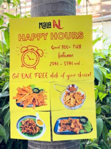 Happy Hours = ช่วงเวลาแห่งความสุขของคุณ 😋⏰ ใช้จ่ายครบ 300 บาทขึ้นไป ช่วงเวลา 14:00 – 17:00 น. รับฟรีเมนูทานเล่น 1 อย่าง! 🍗 หนังไก่ทอด 🍄 เห็ดทอดสามอย่าง 🥓 หมูแดดเดียวทอด 🥓 หมูกรอบทอด สำหรับทานที่ร้านเท่านั้น | ทุกวัน 𝐌𝐚𝐥𝐚 𝐍 📍 สุขุมวิท (ใกล้ BTS อ่อนนุช) 📞 097-257-8870 ⏰ เปิดทุกวัน 12:00 – 21:30 น. 🛵 สั่งได้ทาง GrabFood & LINE MAN 📱 สั่งตรงผ่าน Messenger หรือ LINE • Happy Hours = Happy You! 😋⏰ Spend 300 THB between 2-5PM and pick your FREE side dish! 🍗 Fried Chicken Skin 🍄 Fried T