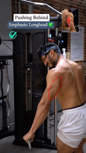 Maximize your Tricep Pushdowns ⚠️ . When performing Tricep Pushdowns, here are the two main variations you want to use to build horse shoe looking triceps. 🔥 When utilizing a Regular Grip and pushing in front of you, this will emphasize the Lateral Head of your triceps. However, when pushing the cables behind your body, this will shift the emphasis to the long head of your triceps. ⚠️ Remember, you are working the entirety of your triceps in all movements, and understanding this will help you b