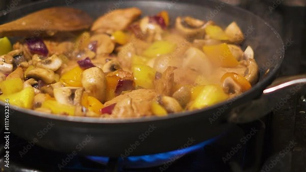 Cooking Footage of Various Vegetables and Chicken Simmering in Hot Pan with Gas Fired Stove Underneath 4K