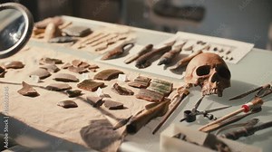 Table displaying archaeological artifacts including pottery shards, historic tools, human skull and magnifying lamp for research in laboratory. Close-up view