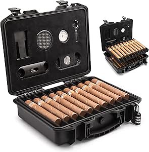 Cigar Humidor Case | Lockable, Waterproof, Crushproof, Airtight | Holds 20 Cigars | Durable, Portable Travel Cigar Humidor Kit for Aficionados